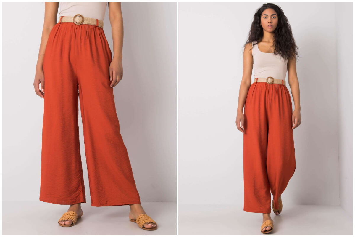 Ceglastoczerwone szerokie spodnie z prostą nogawką