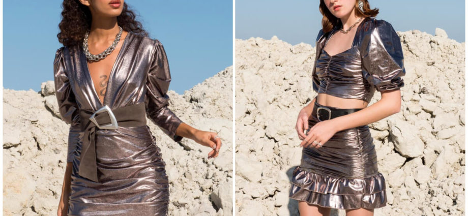 Moda na lata 2000 - metaliczna sukienka i komplet ze spódnicą