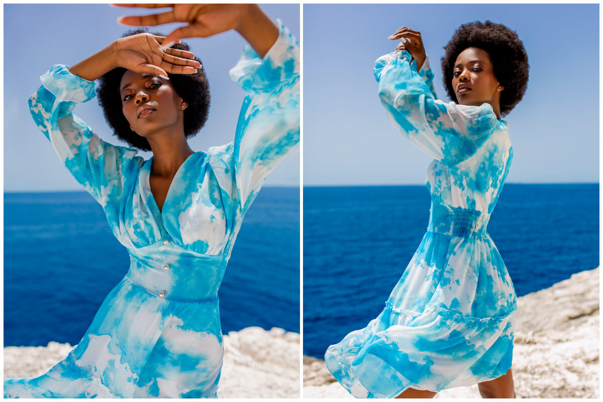 Stylizacje damskie na lato - błękitna zwiewna sukienka