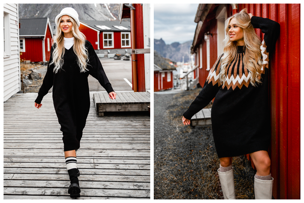 Stylizacje z czarnymi oversizowymi sukienkami sweterkowymi