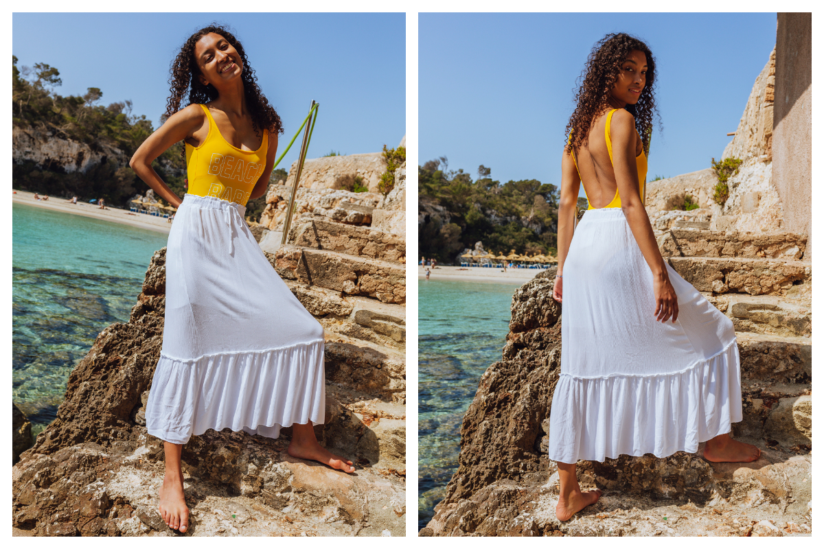 biało-żółty damski beachwear z jednoczęściowym strojem kąpielowym i spódnicą